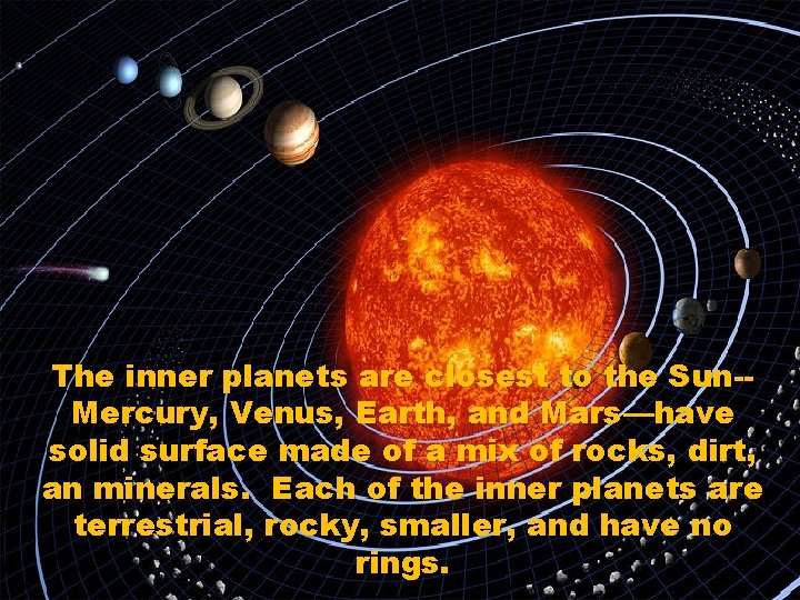 The inner planets are closest to the Sun-Mercury, Venus, Earth, and Mars—have solid surface