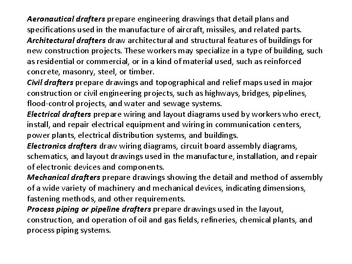 Aeronautical drafters prepare engineering drawings that detail plans and specifications used in the manufacture