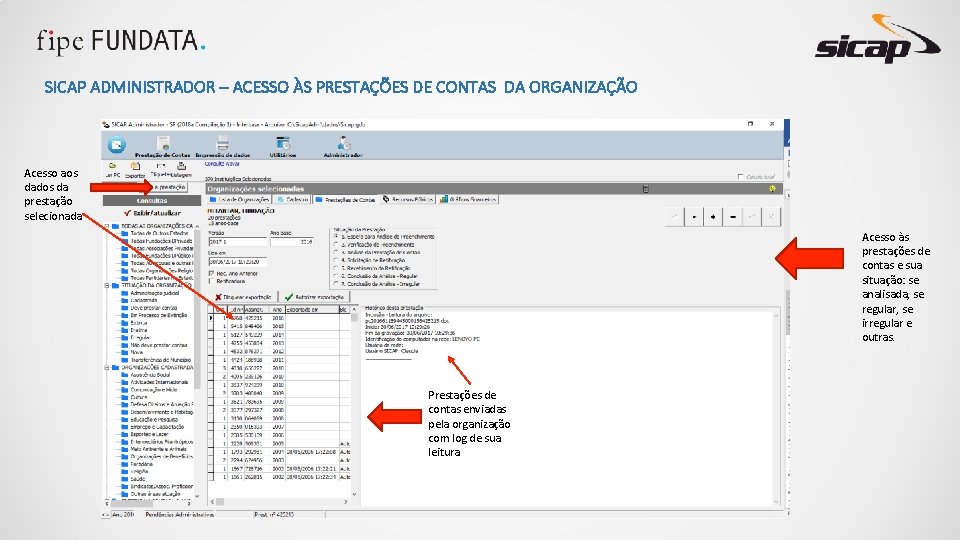 SICAP ADMINISTRADOR – ACESSO ÀS PRESTAÇÕES DE CONTAS DA ORGANIZAÇÃO Acesso aos dados da