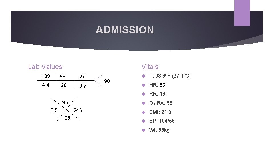 ADMISSION Lab Values Vitals 139 99 27 4. 4 26 0. 7 9. 7