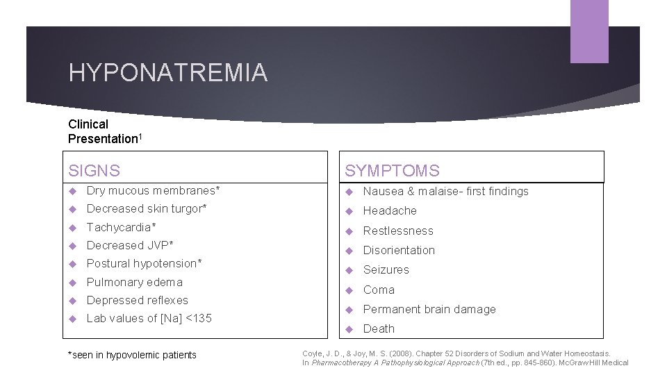 HYPONATREMIA Clinical Presentation 1 SIGNS SYMPTOMS Dry mucous membranes* Nausea & malaise- first findings