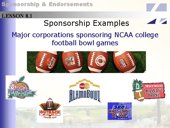 Sponsorship & Endorsements LESSON 8. 1 Sponsorship Examples Major corporations sponsoring NCAA college football