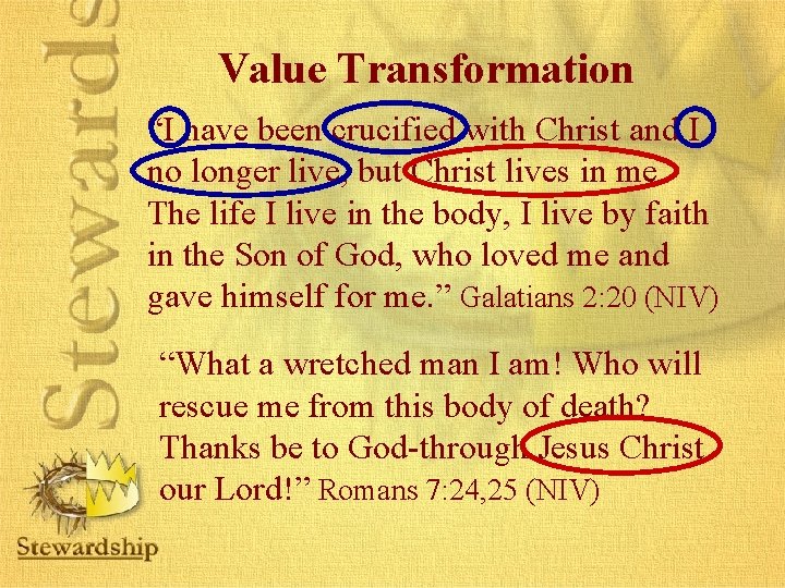 Value Transformation “I have been crucified with Christ and I no longer live, but