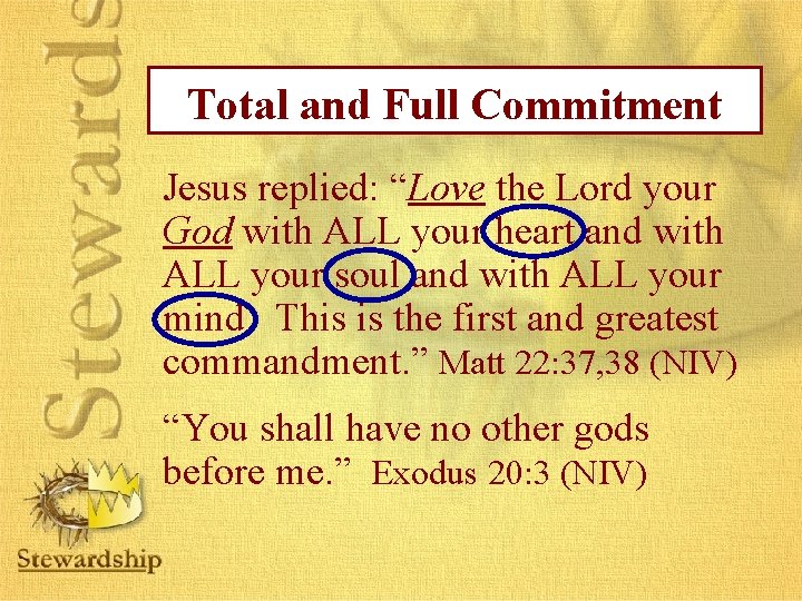 Total and Full Commitment Jesus replied: “Love the Lord your God with ALL your