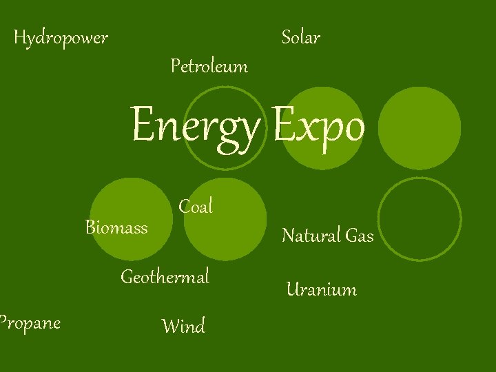 Hydropower Propane Solar Petroleum Energy Expo Biomass Coal Natural Gas Geothermal Wind Uranium 