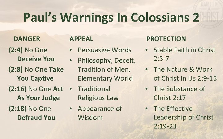 Paul’s Warnings In Colossians 2 DANGER (2: 4) No One Deceive You (2: 8)