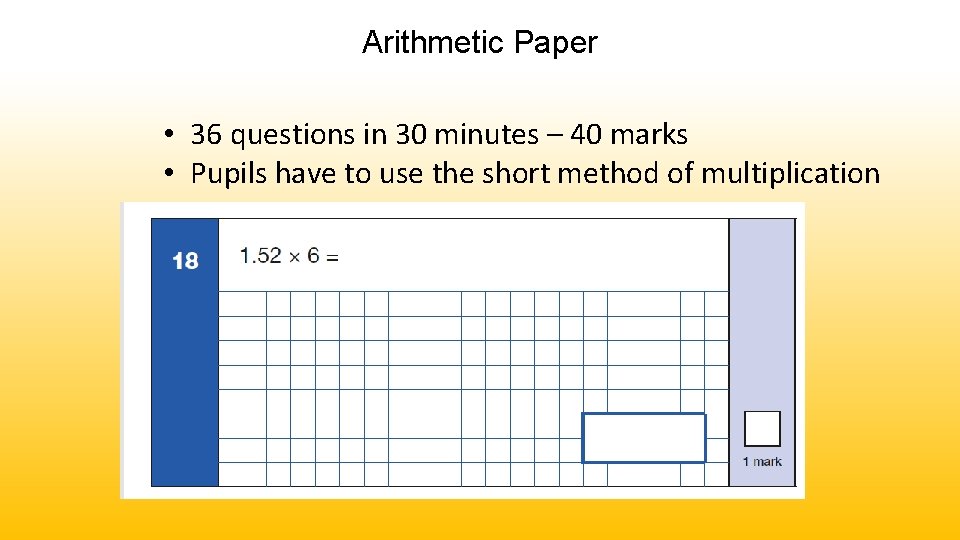 Arithmetic Paper • 36 questions in 30 minutes – 40 marks • Pupils have