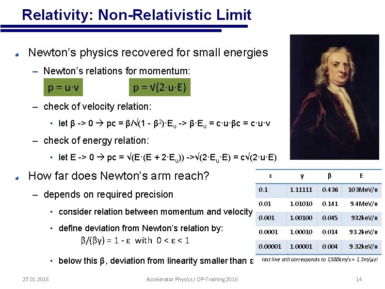  • Relativity: Non-Relativistic Limit Newton’s physics recovered for small energies – Newton’s relations