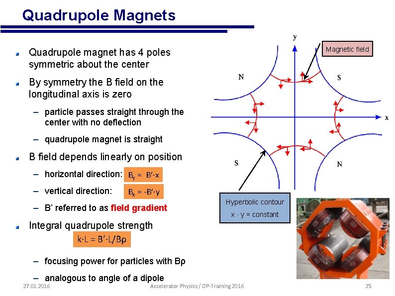  • Quadrupole Magnets Magnetic field Quadrupole magnet has 4 poles symmetric about the