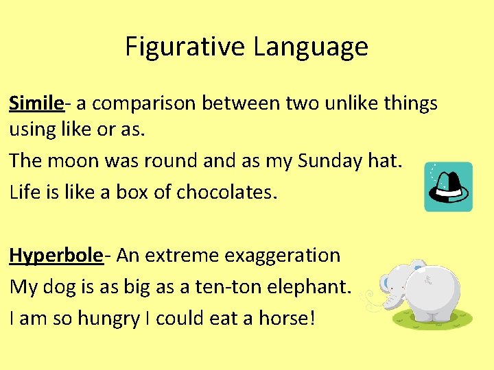 Figurative Language Simile- a comparison between two unlike things using like or as. The