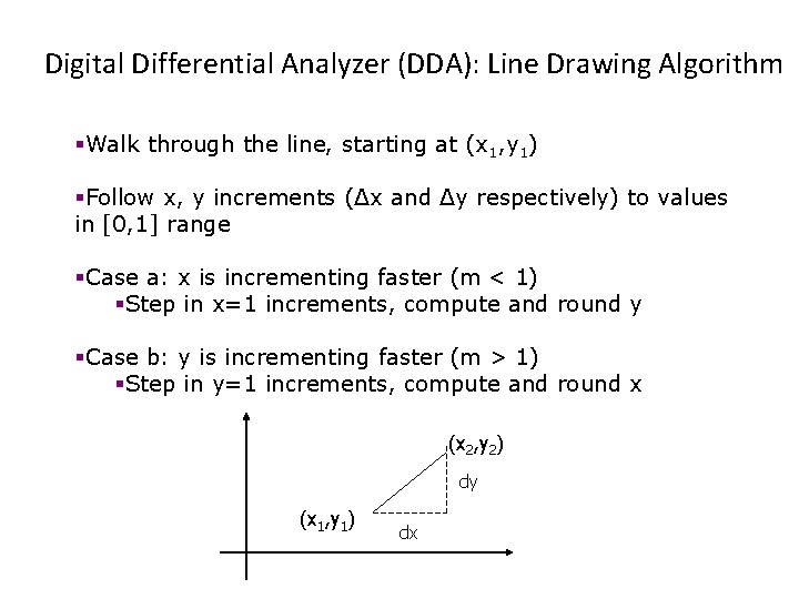 Digital Differential Analyzer (DDA): Line Drawing Algorithm §Walk through the line, starting at (x