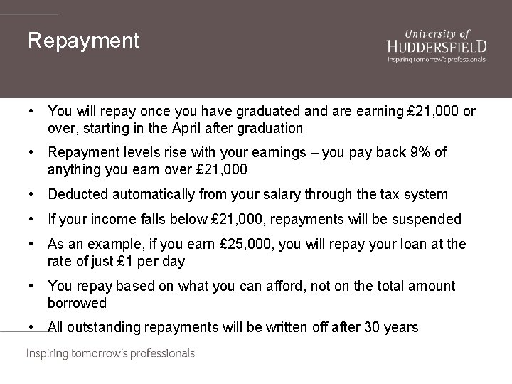 Repayment • You will repay once you have graduated and are earning £ 21,