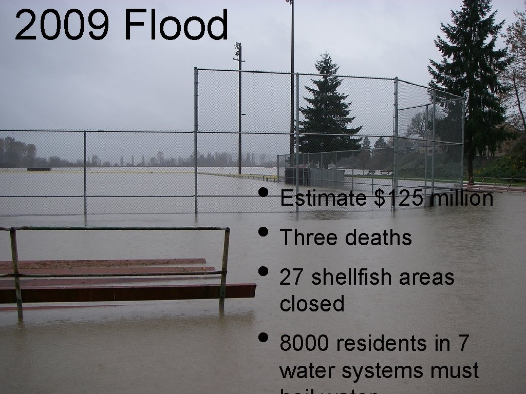 2009 Flood • Estimate $125 million • Three deaths • 27 shellfish areas closed
