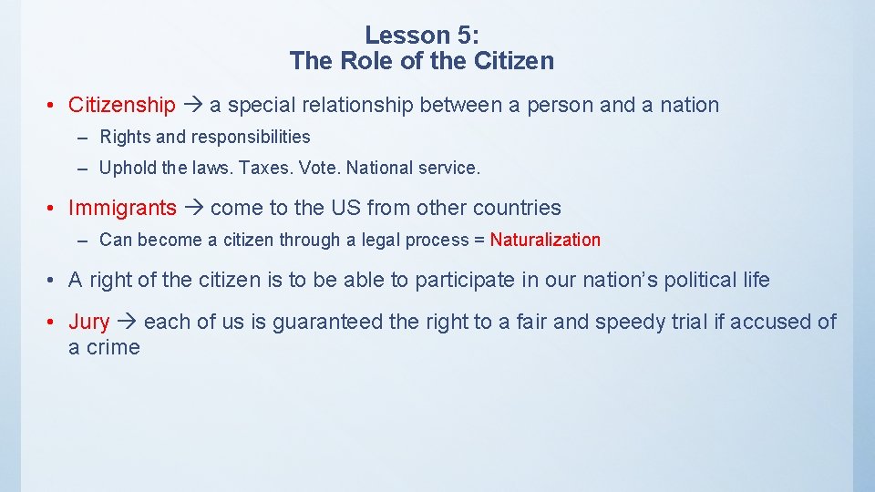 Lesson 5: The Role of the Citizen • Citizenship a special relationship between a