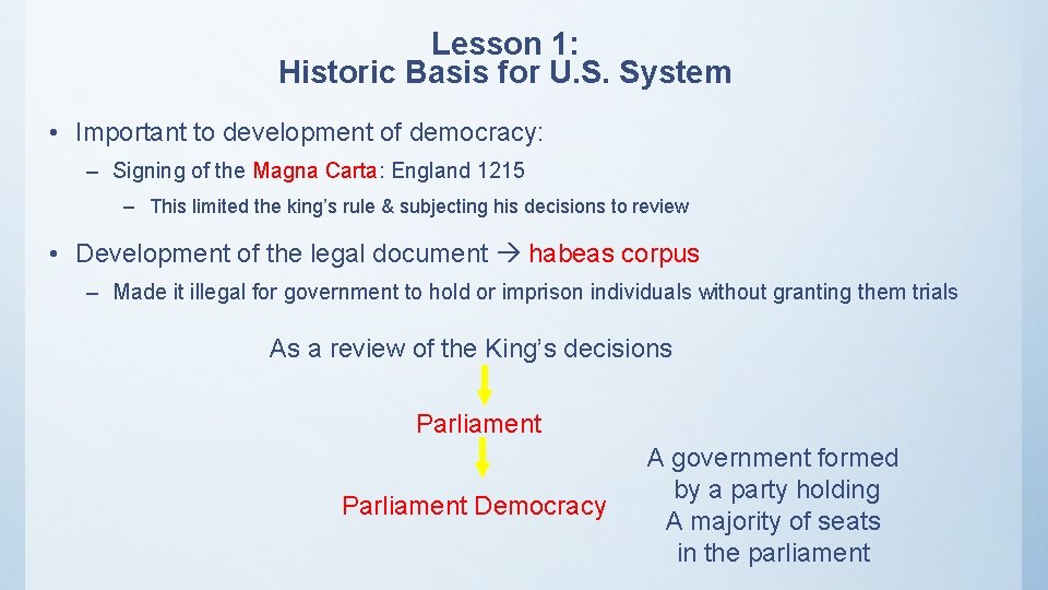 Lesson 1: Historic Basis for U. S. System • Important to development of democracy: