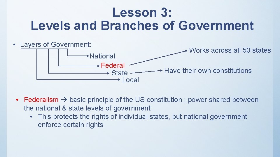 Lesson 3: Levels and Branches of Government • Layers of Government: National Federal State