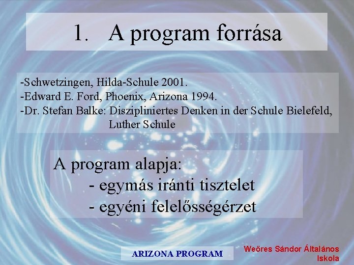 1. A program forrása -Schwetzingen, Hilda-Schule 2001. -Edward E. Ford, Phoenix, Arizona 1994. -Dr.