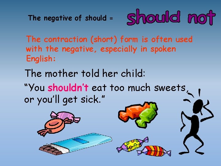 The negative of should = The contraction (short) form is often used with the