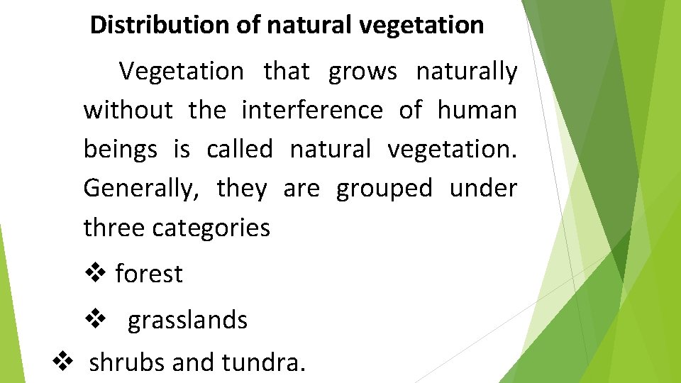 Distribution of natural vegetation Vegetation that grows naturally without the interference of human beings