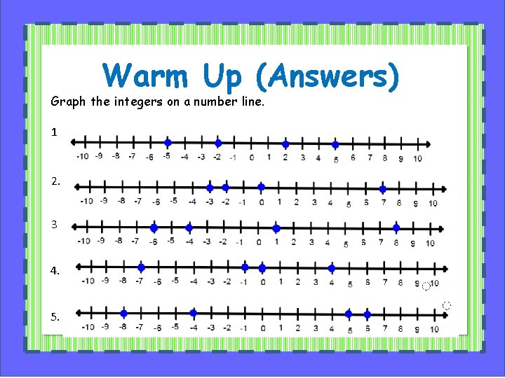 Warm Up (Answers) Graph the integers on a number line. 1. 2. 3. 4.