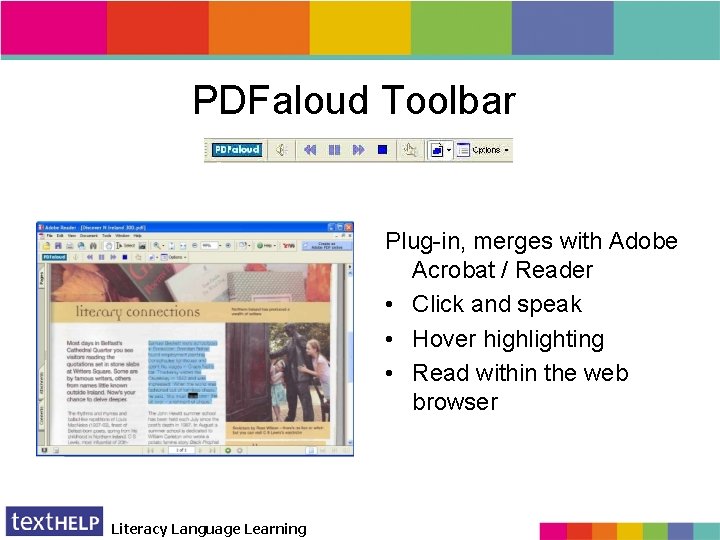 PDFaloud Toolbar Plug-in, merges with Adobe Acrobat / Reader • Click and speak •