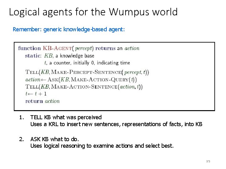 Logical agents for the Wumpus world Remember: generic knowledge-based agent: 1. TELL KB what