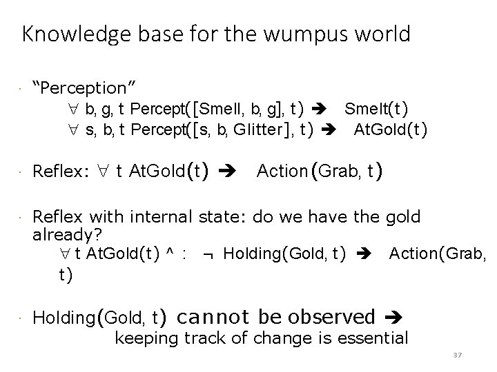 Knowledge base for the wumpus world · · “Perception” b, g, t Percept([Smell, b,
