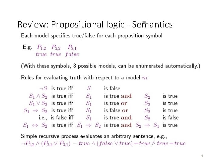 Review: Propositional logic - Semantics 4 