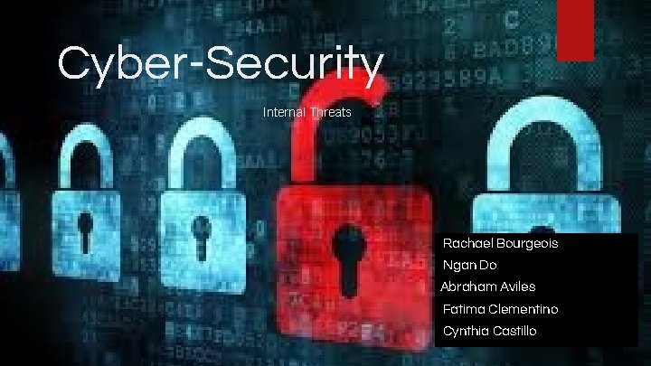 Cyber-Security Internal Threats Rachael Bourgeois Ngan Do Abraham Aviles Fatima Clementino Cynthia Castillo 