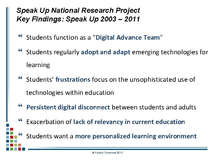 Speak Up National Research Project Key Findings: Speak Up 2003 – 2011 } Students