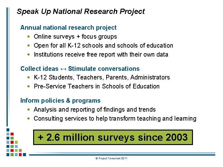 Speak Up National Research Project Annual national research project § Online surveys + focus