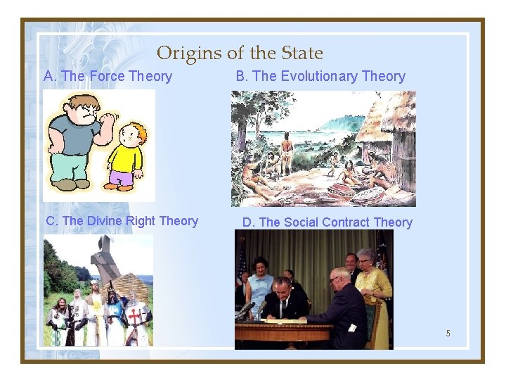 Origins of the State A. The Force Theory C. The Divine Right Theory B.