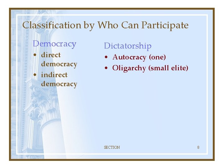 Classification by Who Can Participate Democracy • direct democracy • indirect democracy Dictatorship •