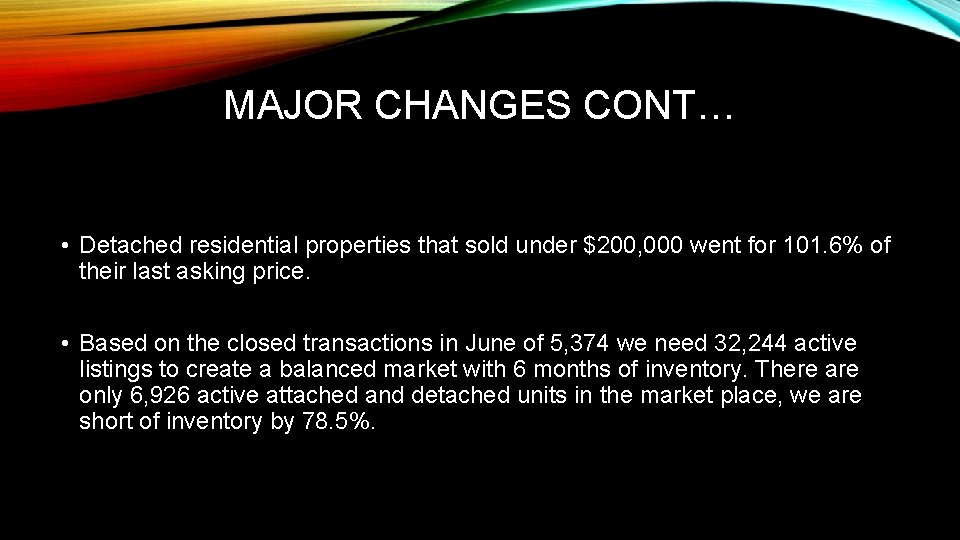 MAJOR CHANGES CONT… • Detached residential properties that sold under $200, 000 went for