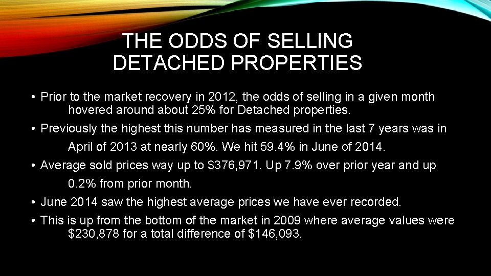 THE ODDS OF SELLING DETACHED PROPERTIES • Prior to the market recovery in 2012,