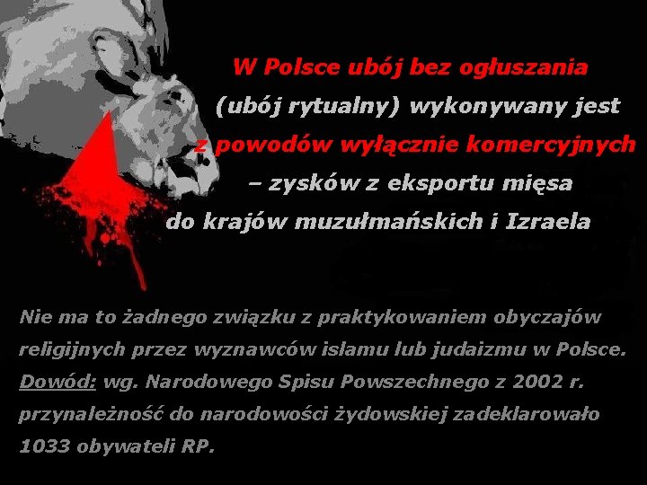 W Polsce ubój bez ogłuszania (ubój rytualny) wykonywany jest z powodów wyłącznie komercyjnych –
