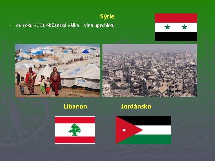 Sýrie • od roku 2011 občanská válka = vlna uprchlíků Libanon Jordánsko 