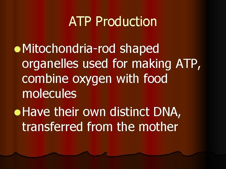 ATP Production l Mitochondria-rod shaped organelles used for making ATP, combine oxygen with food ATP Production l Mitochondria-rod shaped organelles used for making ATP, combine oxygen with food