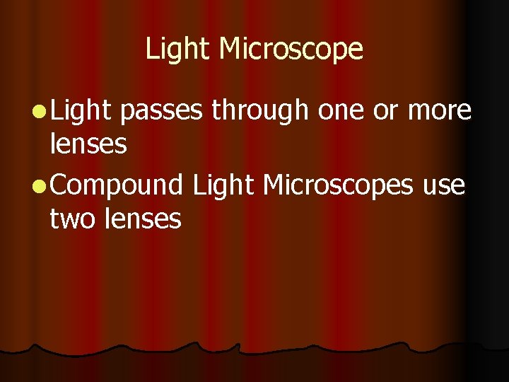 Light Microscope l Light passes through one or more lenses l Compound Light Microscopes Light Microscope l Light passes through one or more lenses l Compound Light Microscopes