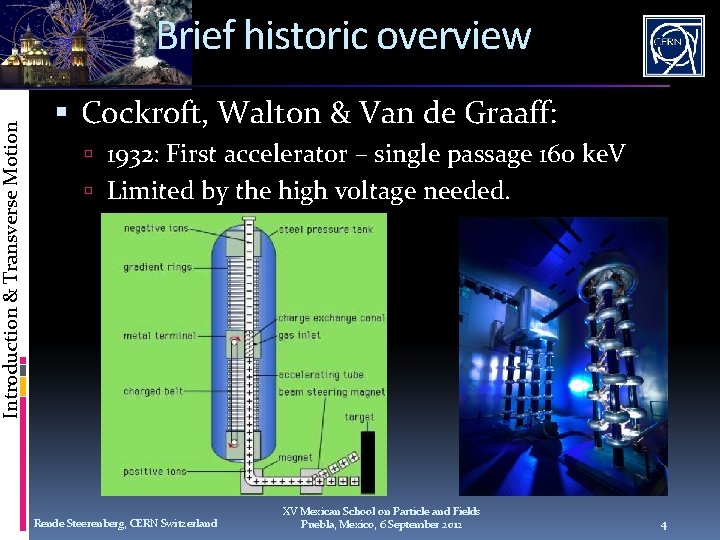 Introduction & Transverse Motion Brief historic overview Cockroft, Walton & Van de Graaff: 1932: