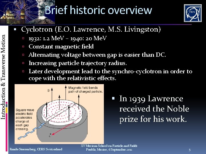 Introduction & Transverse Motion Brief historic overview Cyclotron (E. O. Lawrence, M. S. Livingston)