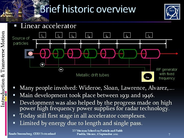 Introduction & Transverse Motion Brief historic overview Linear accelerator Source of particles l 1