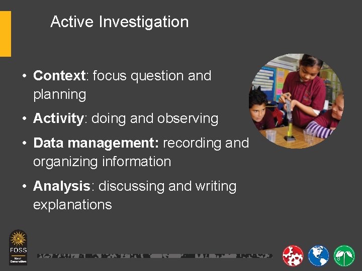 Active Investigation • Context: focus question and planning • Activity: doing and observing •