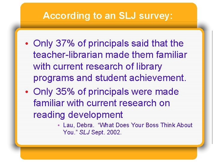 According to an SLJ survey: • Only 37% of principals said that the teacher-librarian