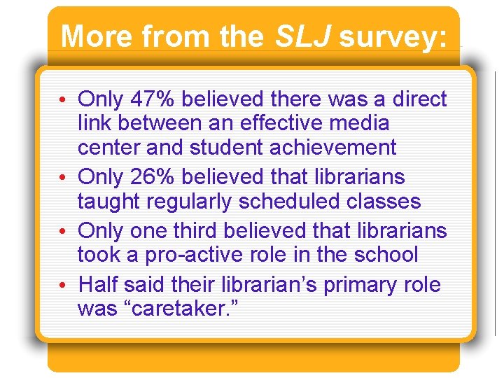 More from the SLJ survey: • Only 47% believed there was a direct link