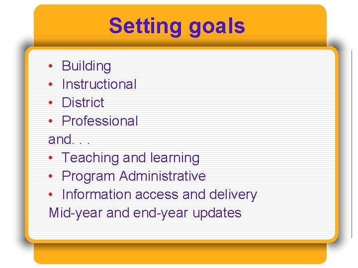Setting goals • Building • Instructional • District • Professional and. . . •