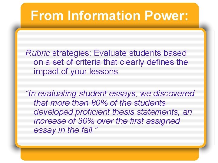 From Information Power: Rubric strategies: Evaluate students based on a set of criteria that