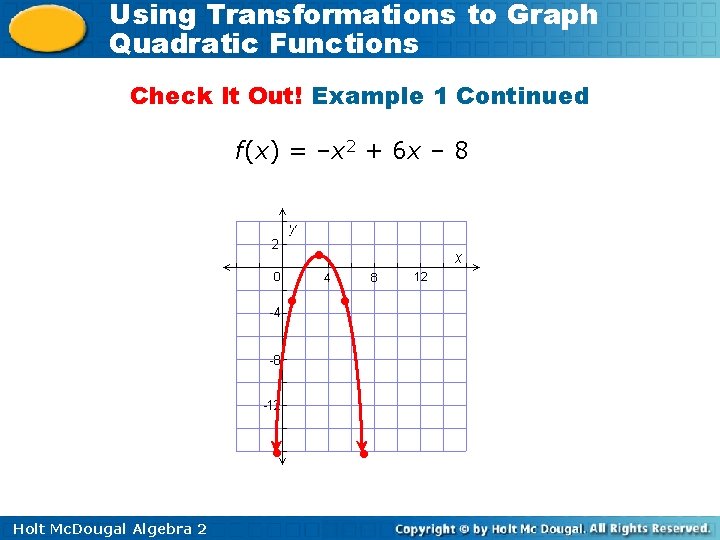 Using Transformations to Graph Quadratic Functions Check It Out! Example 1 Continued f(x) =