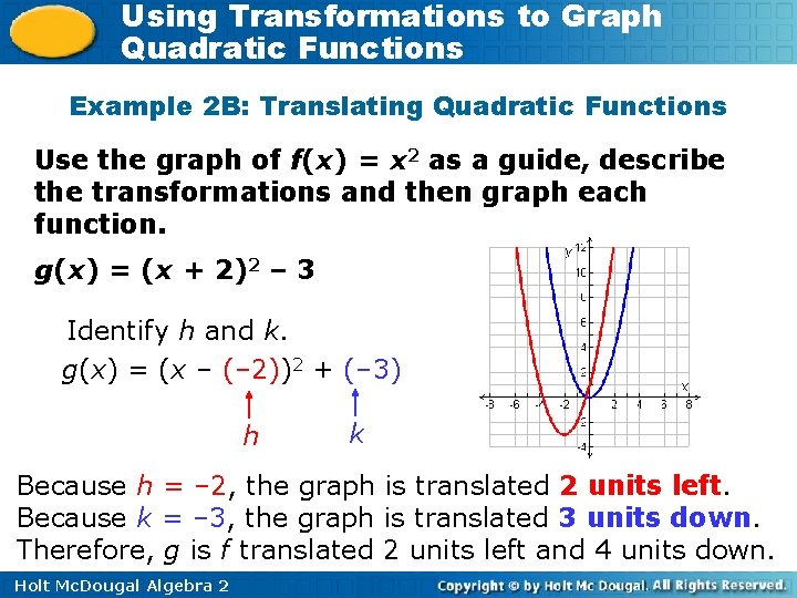 Using Transformations to Graph Quadratic Functions Example 2 B: Translating Quadratic Functions Use the