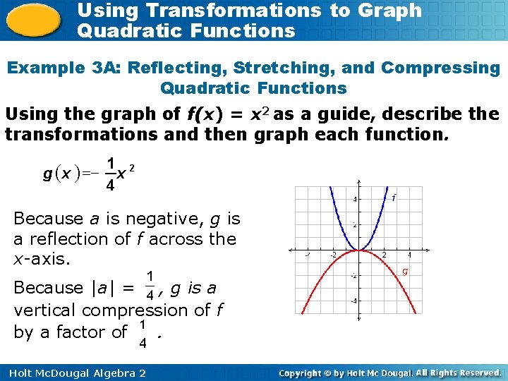 Using Transformations to Graph Quadratic Functions Example 3 A: Reflecting, Stretching, and Compressing Quadratic